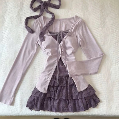 Vintage 3 Piece Skirt Suit Women Kawaii Ruffles Cardigan Outwear Bodycon Vest Blouse + Slim Y2k Skirts Evening Party Lolita Sets
