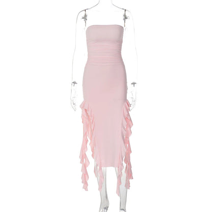 2024 Summer Maxi Women's Dress Vintage Elegant black Fashion Sleeveless Slim Backless Irregular Tassel Party Dresses Street Robe