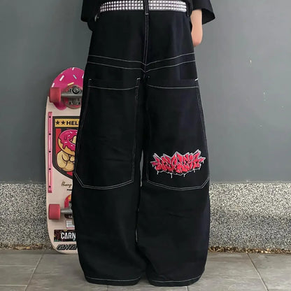Harajuku Money Print Streetwear Jeans High Waist Wide Trouser Black Pants Streetwear Men Hip Hop Women Embroider Y2k Baggy Jeans