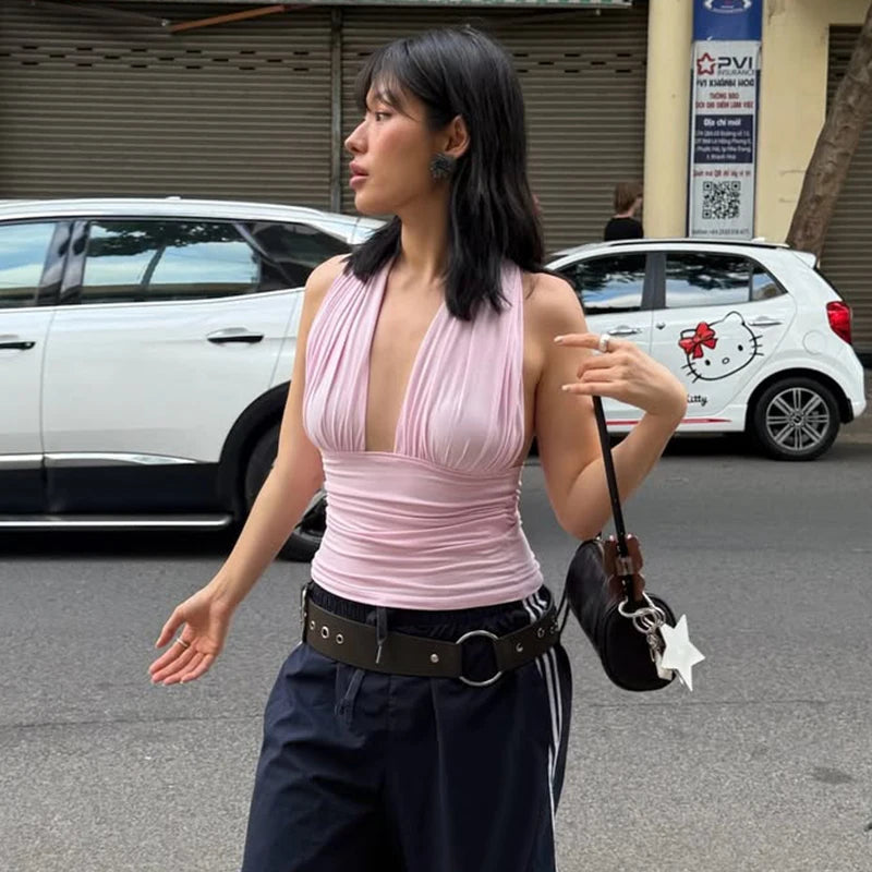 Sexy V neck Tanks Top Women Backless Lace Up Ruched Crop Top Vest Tee Y2K Slim Club Party Top Hot Girl 2026 Summer New Tops