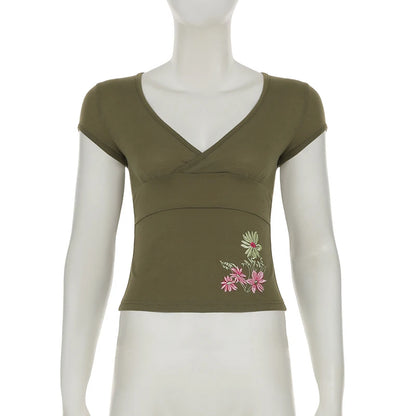 SUCHCUTE Retro Geen Floral Embroidery V Neck Cap Sleeve Tops Y2k Women's Slim T-shirt Chic Streetwear Slim Top Summer Clothes