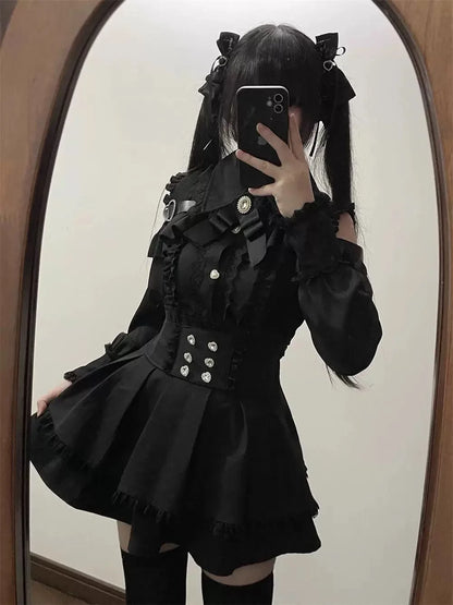 Vintage 3 Piece Skirt Suit Women Kawaii Ruffles Cardigan Outwear Bodycon Vest Blouse + Slim Y2k Skirts Evening Party Lolita Sets