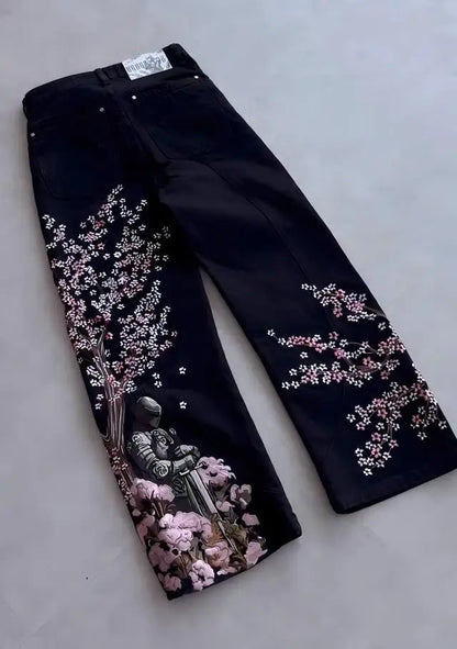 Y2k Vintage Baggy Fallen Knight Cherry Blossom Embroidery Jeans Men Women Fashion Straight Wide-leg Denim Pants Streetwear Jean