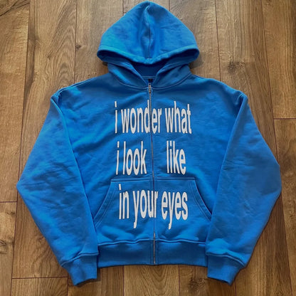 Personalized letter printed zipper sweatshirt long sleeved pullover hoodie retro jacket street trend