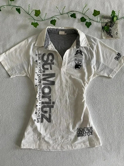 Y2K Japanese Streetwear Polo Shirt Women Slim Crop Tee 2025 White Short Sleeve Tops Letter Badge Houndstooth Vintage Harajuku