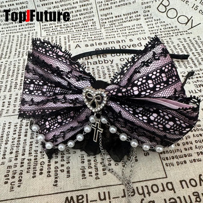 heavy industry Gothic Lolita cosplay  black pink Lolita lovely Japanese girl Harajuku subculture bow lace love pearl headband
