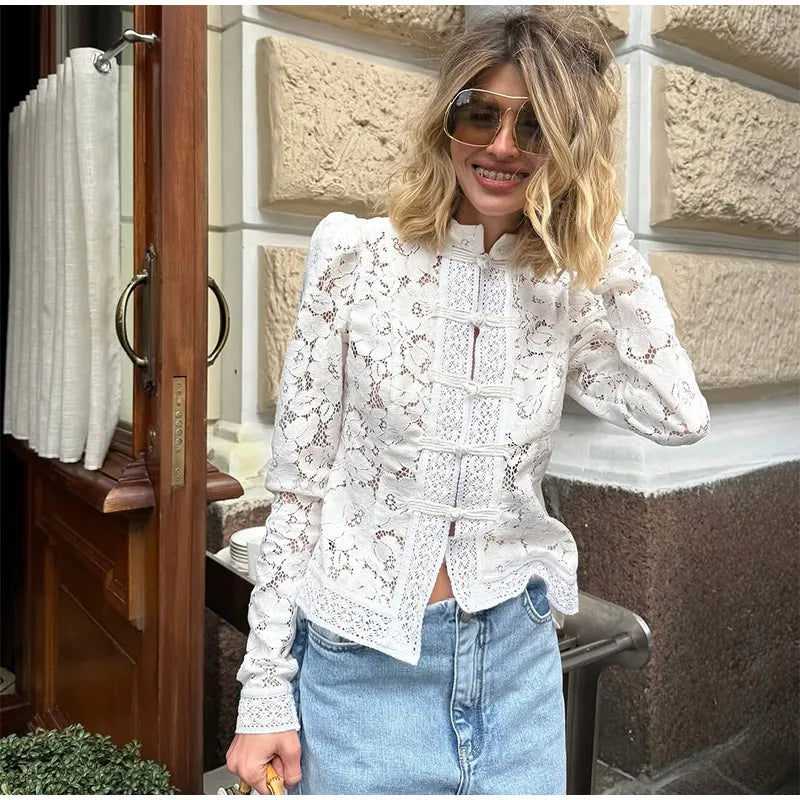 White Lace Printed Shirts Tops Women Full Sleeve Hollow Out Single Breasted Patchwork Blouse 2026 Lady Fashion Shrug Shirts New