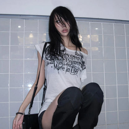 Karrram Japanese Y2k Letter Print T-shirt Trashy 2000s Style Tattoo T Shirt Vintage Harajuku Short Sleeve Sheer Tops Grunge Goth