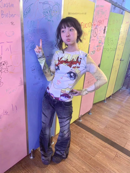 Karrram Japanese Y2k Anime Print T-shirt 2000s Aesthetics Long Sleeve Tee Shirt Vintage Harajuku Slim Tops Kawaii Lolita T Shirt