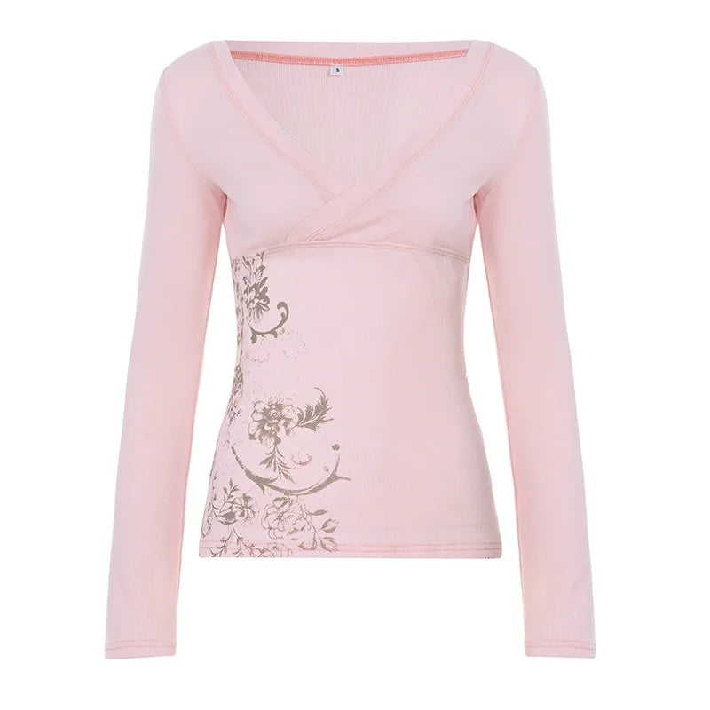 Pink Floral Print Women Fairy Y2K T-shirt Coquette V Neck Long Sleeve Tees Autumn Spring Casual Pullovers Tops Vintage Clothes