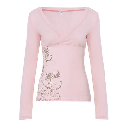 Pink Floral Print Women Fairy Y2K T-shirt Coquette V Neck Long Sleeve Tees Autumn Spring Casual Pullovers Tops Vintage Clothes