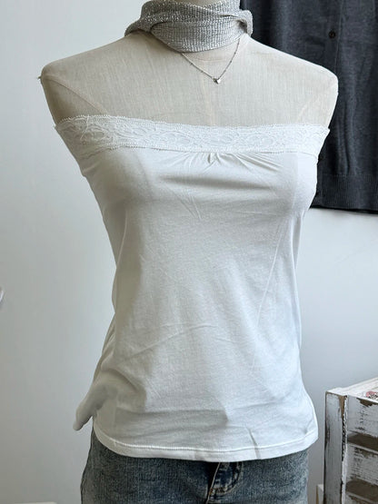 Lace Trim Strapless Tops Women Cotton Soft Slim  White Sexy Sleeveless Camisole Sweet Cute Chic Tank Tops Y2K