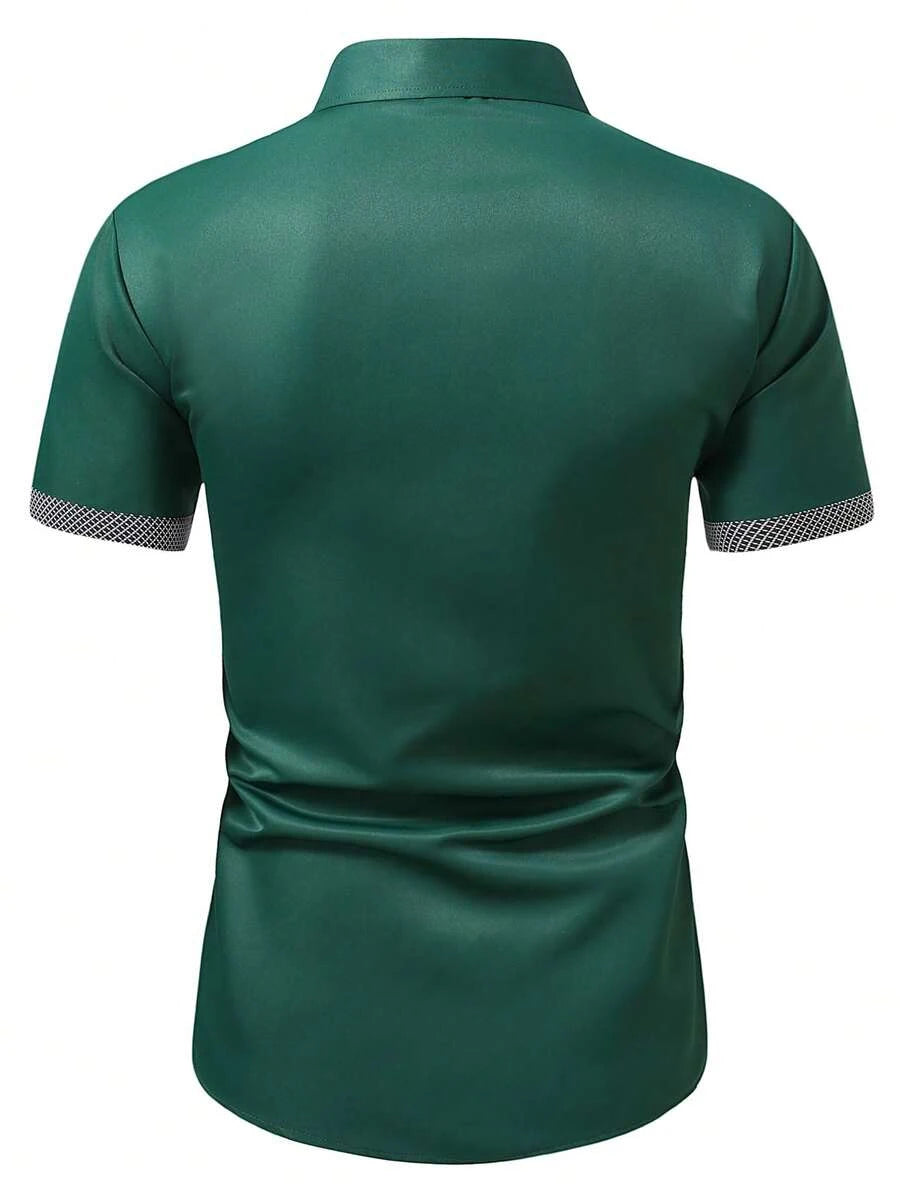 Spring Summer New Men Clothes Short Sleeve Spell Color Shirt 95% Polyester 5%Spandex