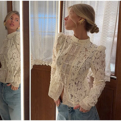 White Lace Printed Shirts Tops Women Full Sleeve Hollow Out Single Breasted Patchwork Blouse 2026 Lady Fashion Shrug Shirts New
