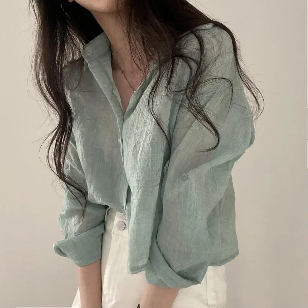 Trendy Shirt Blouse Simple Thin Pure Color Anti-UV Shirt Anti-fade Shirt Top Women Solid Color Sun Protection Shirt Streetwear