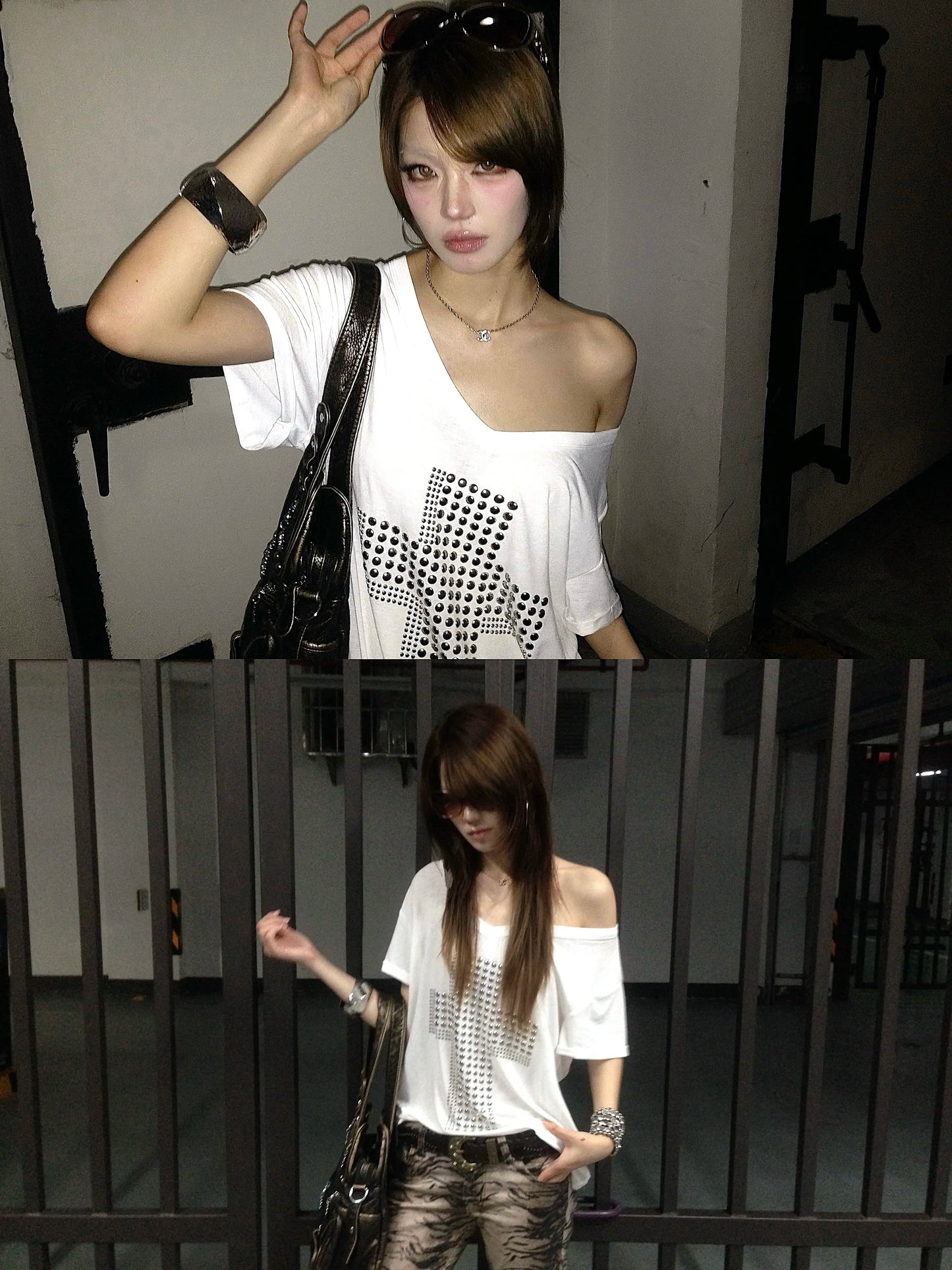 Karrram Japanese Y2k Metal Cross Print T-shirt Trashy 2000s V-neck Sheer Tops Vintage Harajuku Short Sleeve Streetwear Grunge