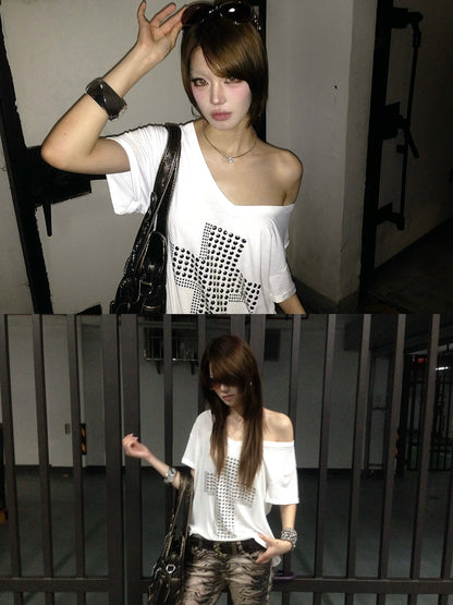 Karrram Japanese Y2k Metal Cross Print T-shirt Trashy 2000s V-neck Sheer Tops Vintage Harajuku Short Sleeve Streetwear Grunge