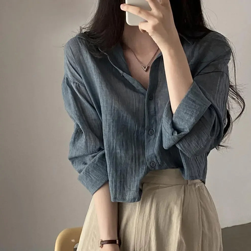 Trendy Shirt Blouse Simple Thin Pure Color Anti-UV Shirt Anti-fade Shirt Top Women Solid Color Sun Protection Shirt Streetwear