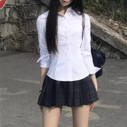 Harajuku Y2K Slim Fit White Shirt Women 2025 Waist Slimming Long Sleeve Jk Shirts Woman All Match Turn Down Collar Chic Blouse