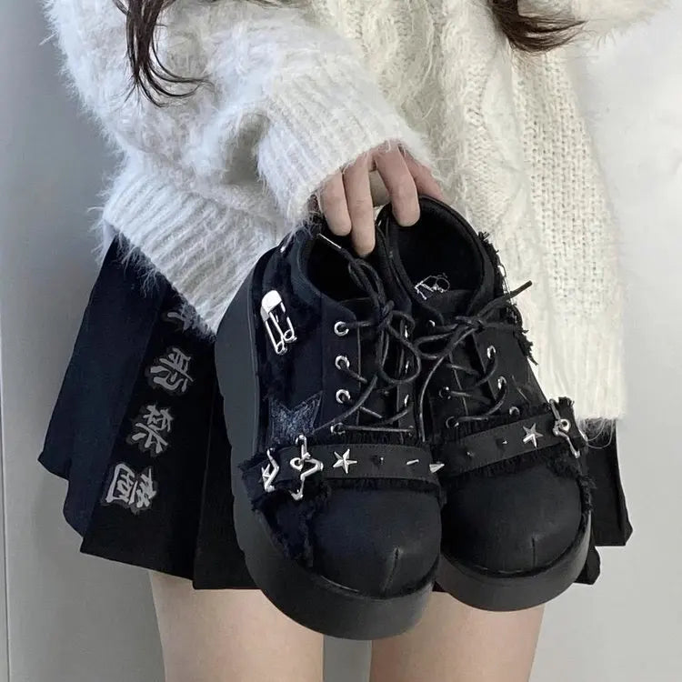 2024 New Y2K Star Print Chunky Platform Ankle Boots Women Metal Chain Blue Denim Boots Woman Cute Thick Bottom Jk Lolita Shoes