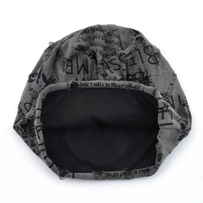Letter Print Beanie Hats For Women Men Vintage Distressed Cracked Design Wasteland Style Spring Summer Warm Fleece-lined Winter