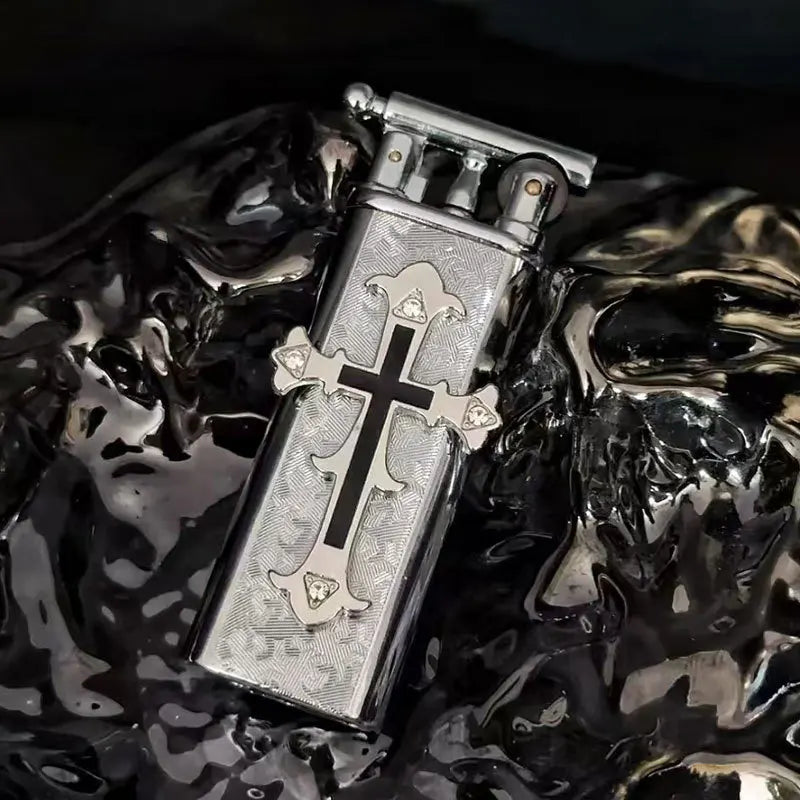 New high-end handmade retro cross outdoor lighter with metal grinding wheel and open flame portable lighter smoking gift