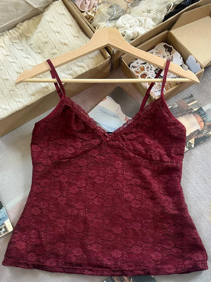 Floral Print Bow V Neck Camis Women Chic Lace Trim Sleeveless Slim Crop Tops Vest Sweet Casual Fashion Raw Hem Tank Top Y2k New