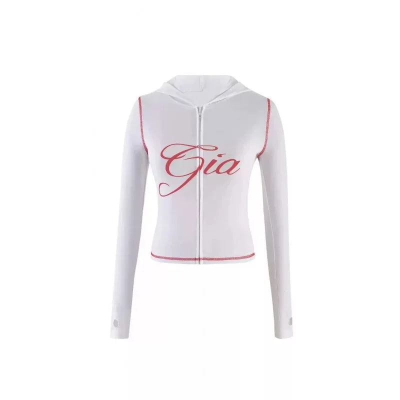 Gia zip-up cap long sleeve high spring top & low waist micro flared pants