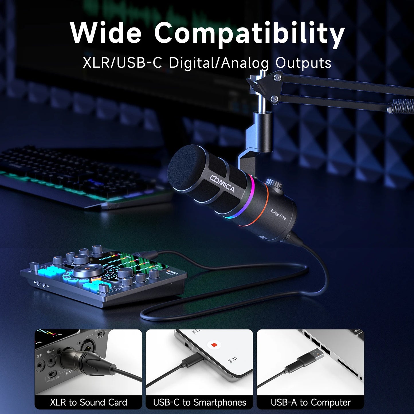 COMICA D10/D10 PRO RGB Cardioid USB/XLR Dynamic Desktop Gaming Mic Wired/Wireless Microphone for Streaming Interview Podcast