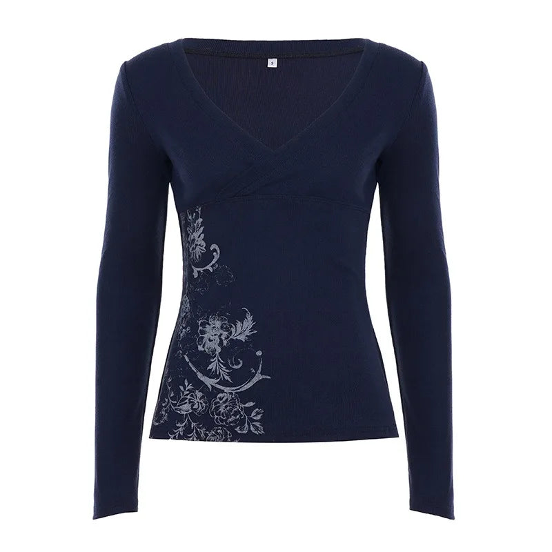 Pink Floral Print Women Fairy Y2K T-shirt Coquette V Neck Long Sleeve Tees Autumn Spring Casual Pullovers Tops Vintage Clothes