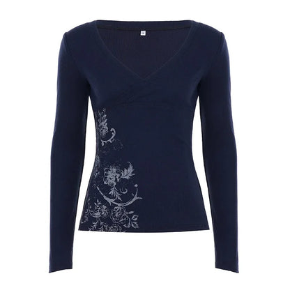 Pink Floral Print Women Fairy Y2K T-shirt Coquette V Neck Long Sleeve Tees Autumn Spring Casual Pullovers Tops Vintage Clothes