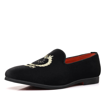 Men's Leather Shoes Velvet Embroidery Pointed Dress Shoes Men's Business Shoes Soft Soled Loafers Casual Flat Shoes