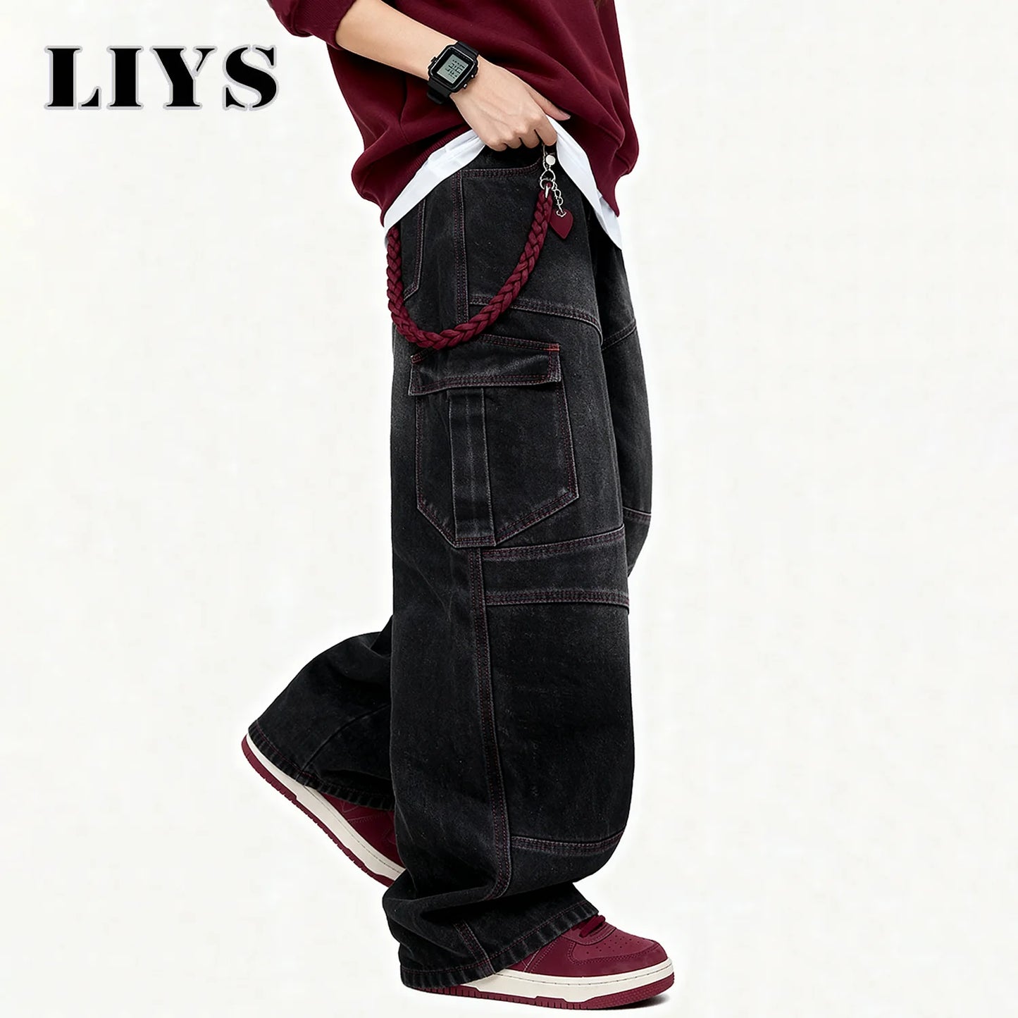 Men's American Street Retro Deconstruction Loose Wide Leg Jeans Unisex Baggy Men's Clothes Multi Pocket Skateboard Pants Jeans
