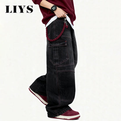 Men's American Street Retro Deconstruction Loose Wide Leg Jeans Unisex Baggy Men's Clothes Multi Pocket Skateboard Pants Jeans