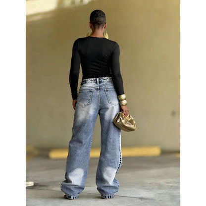 Women Straight Pants Jeans Long Length Tassels Trousers Stretch Mid Waist Washed 2025 Streetwear Denims Vintage Distressed 2026