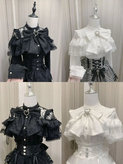 Japanese Kawaii Lolita Lace Patchwork Blouses Summer Women Harajuku Single Breasted Sweet Shirts Cute Girly JK Bow Tops Blusas