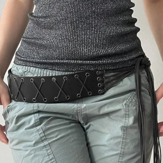 Vintage Bandage Tassels Pu Belt Y2K Hollow Out Punk Women'S Outdoor Fashion Skirts Jeans Trouser Decorative Waistband 2024 New