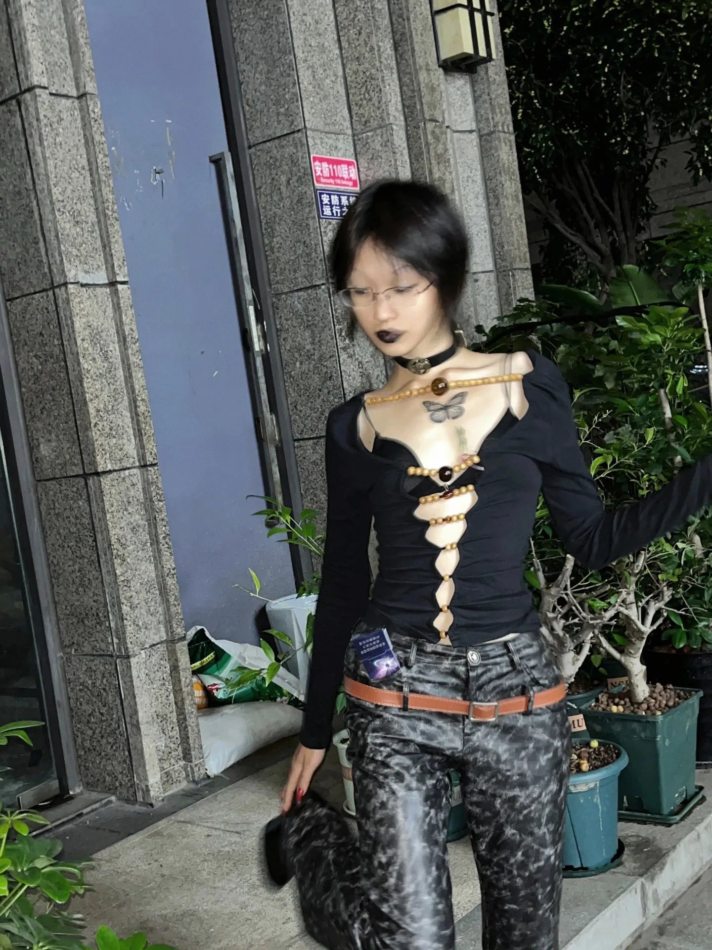 Karrram Japanese Y2k Hollow Out Tops Vintage Harajuku Beaded T Shirt 2000s Aesthetics Long Sleeve Slim T-shirts American Retro
