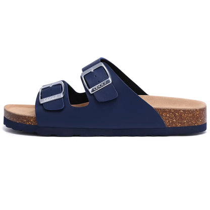 Comwarm Fashion Men Leather Sandals Summer Cork Footbed Slide Sandals Beach Sandals Unisex Brand Sandals with Adjustable Buckle