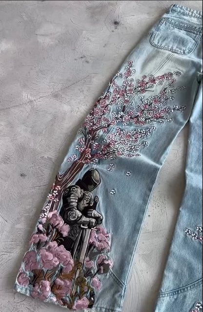 Y2k Vintage Baggy Fallen Knight Cherry Blossom Embroidery Jeans Men Women Fashion Straight Wide-leg Denim Pants Streetwear Jean