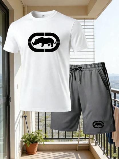 Men's summer breathable sportswear round neck short sleeved five quarter shorts lightweight and comfortable sports style set