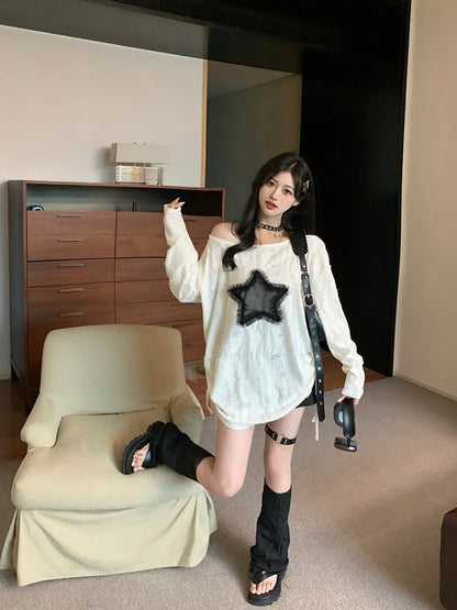 Hole Star Loose Y2K T Shirt Women O Neck Drawstring Long Sleeve Tees Fashion Streetwear Kpop Pullover Tops Female T-shirts