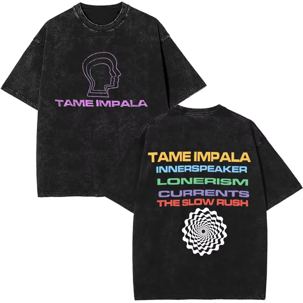 2025 Washed Vintage Tame Impala Graphic Print T-shirts Men's Clothing Pop Rock Band T-shirt Men Women Fashion Retro T Shirt