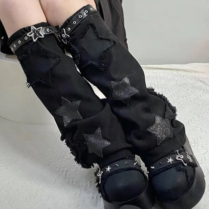 2024 New Y2K Star Print Chunky Platform Ankle Boots Women Metal Chain Blue Denim Boots Woman Cute Thick Bottom Jk Lolita Shoes