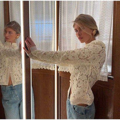 White Lace Printed Shirts Tops Women Full Sleeve Hollow Out Single Breasted Patchwork Blouse 2026 Lady Fashion Shrug Shirts New