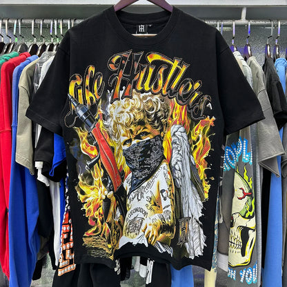 Praying Angel Shinning Diamond Cotton Short Sleeve Tshirts for Men and Women Crew Neck Loose Summer T-shirt Oversized Tees
