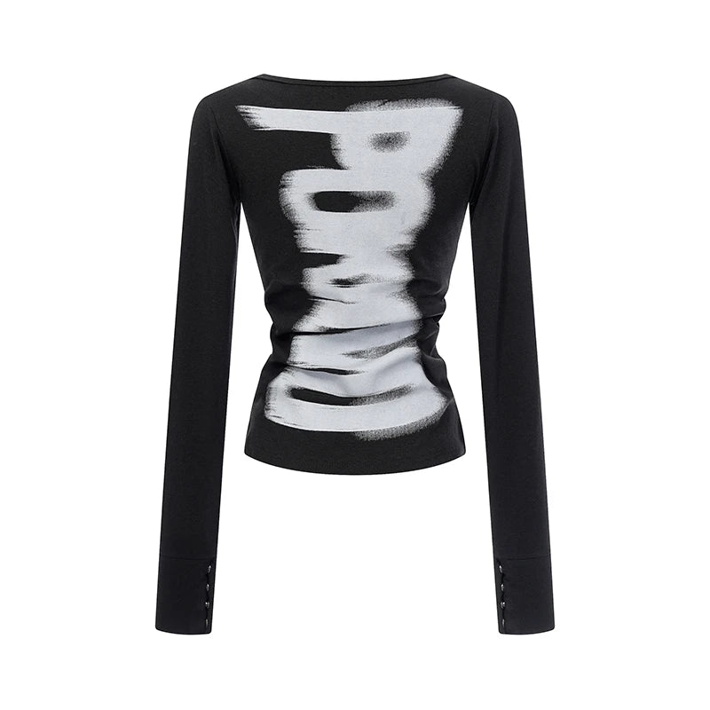 Tonngirls American Retro Print T-shirt Women Long Sleece Button Graphic Tops Y2k Tops 2000s Japanese Grunge Tops E-girls Autumn