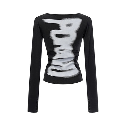 Tonngirls American Retro Print T-shirt Women Long Sleece Button Graphic Tops Y2k Tops 2000s Japanese Grunge Tops E-girls Autumn