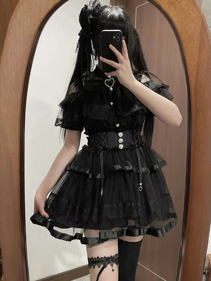 Japanese Kawaii Lolita Lace Patchwork Blouses Summer Women Harajuku Single Breasted Sweet Shirts Cute Girly JK Bow Tops Blusas