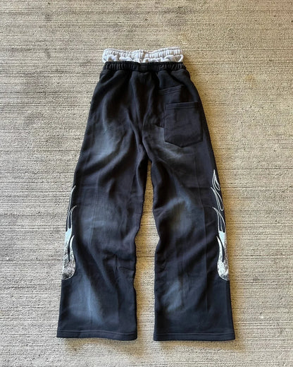 American Y2K Pants Baggy Sweatpants Letter Patch Retro Double Layer Design Men Hip Hop Gothic Elastic Waist Jogging Casual Pants